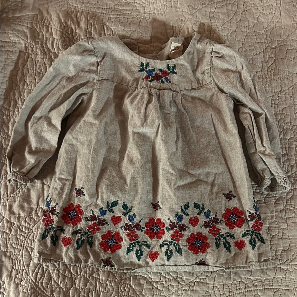 Baby GAP Gray Blouse with Red Floral Embroidery